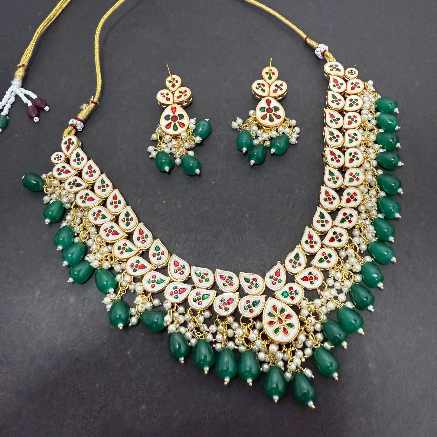 Kundan Necklace Green Drop Beads With Back side Meena work