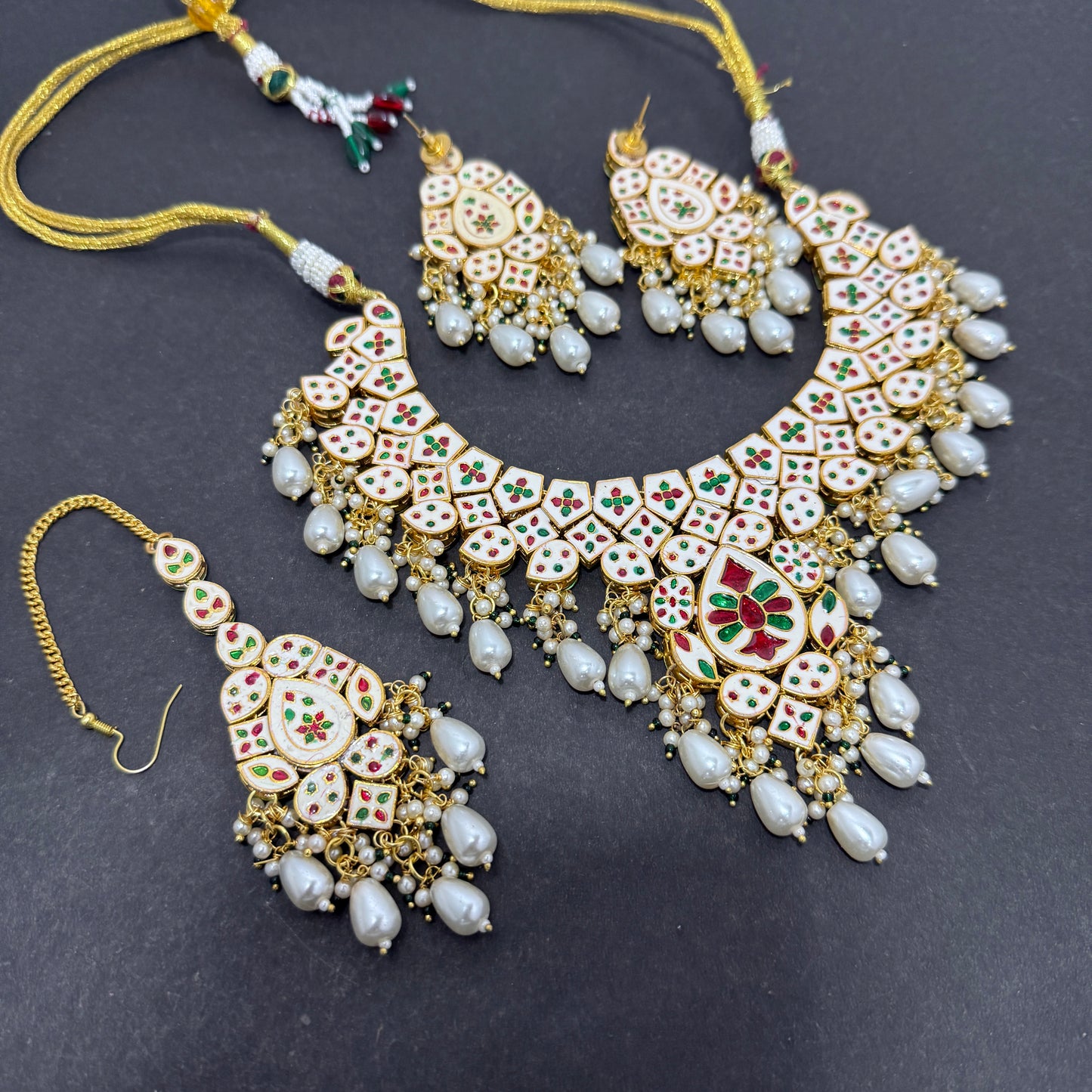 Kundan Necklace White Drop Beads With Tika With Back side Meena work