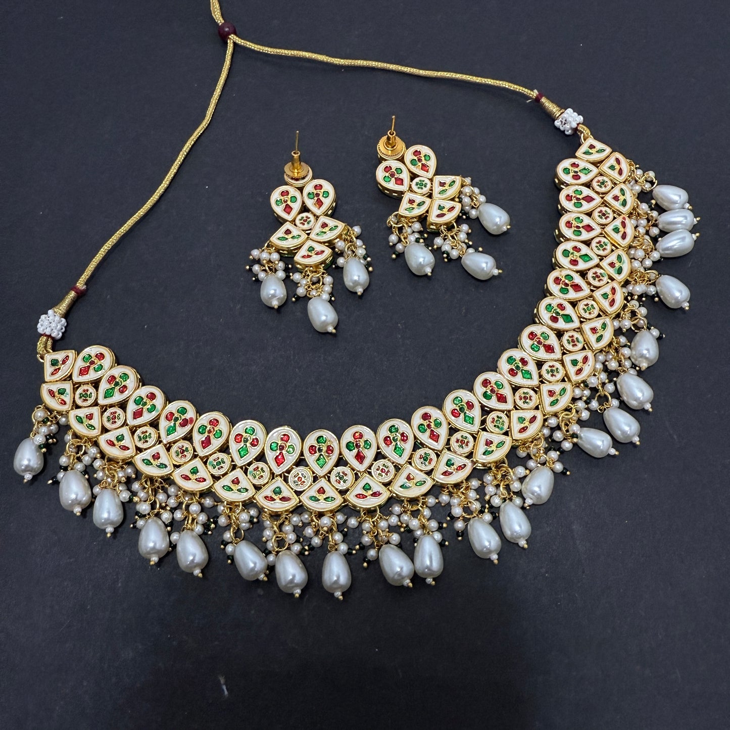 Kundan Necklace White Drop Beads With Back side Meena work