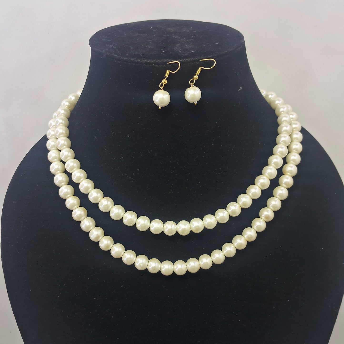 Double line White Round Pearl Necklace with Hanging Earrings