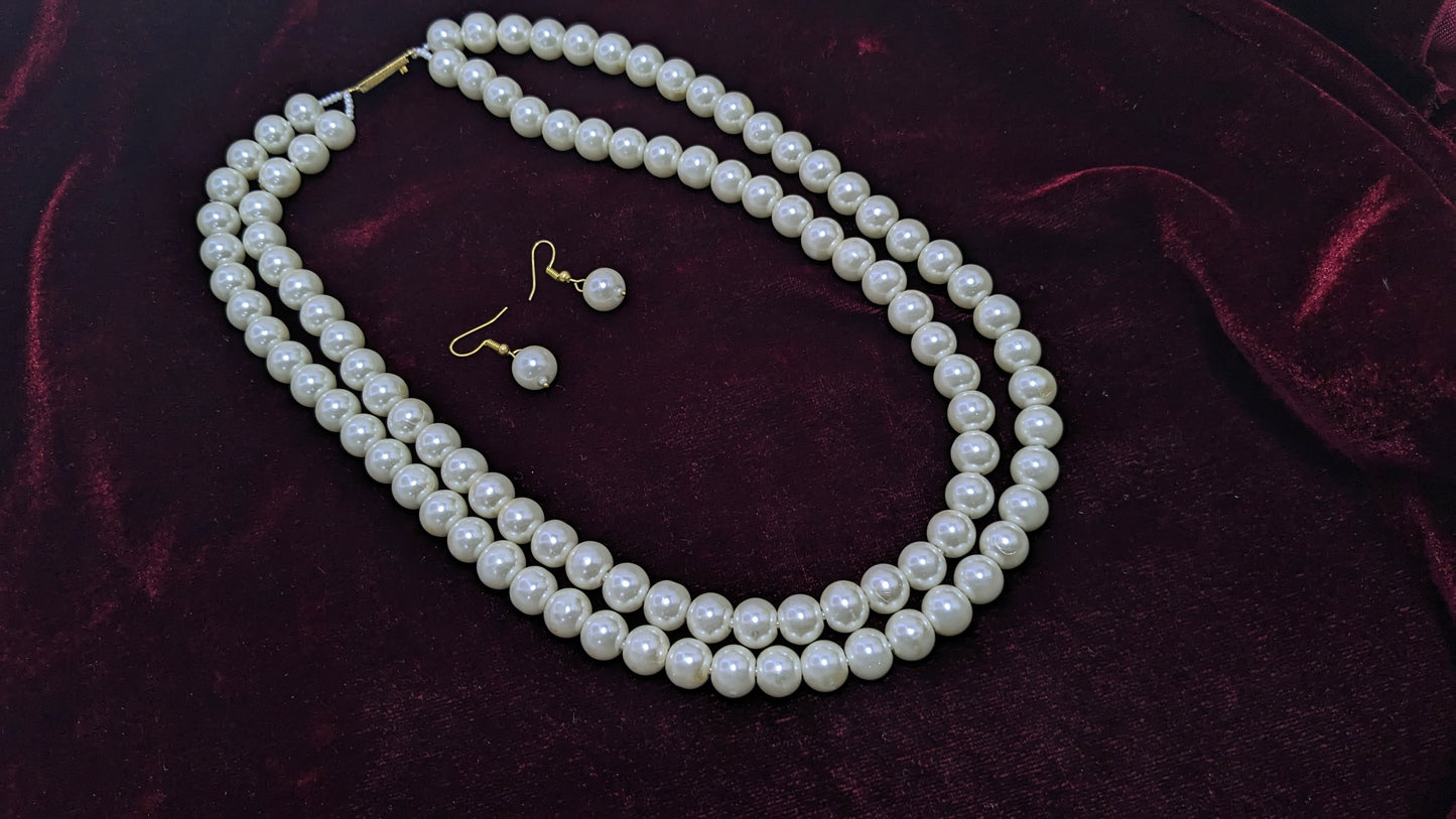 Double line White Round Pearl Necklace with Hanging Earrings