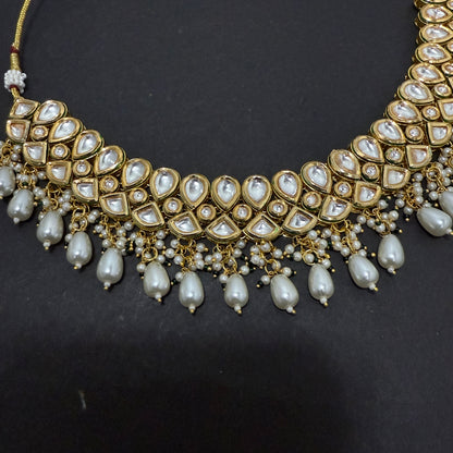 Kundan Necklace White Drop Beads With Back side Meena work