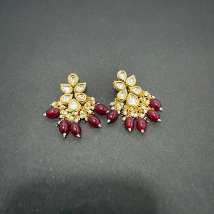 Kundan Necklace Mahroon Drop Beads With Back side Meena work