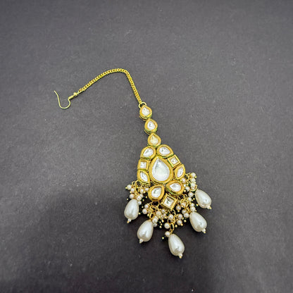Kundan Necklace White Drop Beads With Tika With Back side Meena work