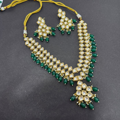 Kundan V shape Necklace Green Drop Beads With Back side Meena work