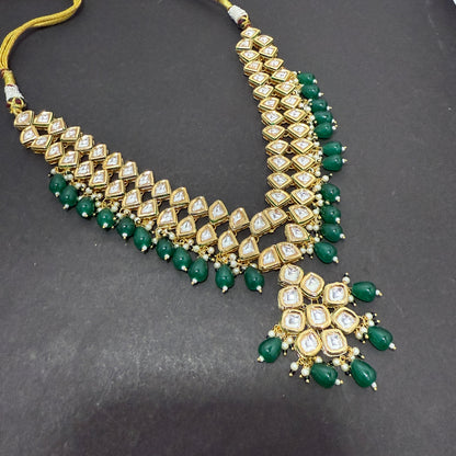 Kundan V shape Necklace Green Drop Beads With Back side Meena work