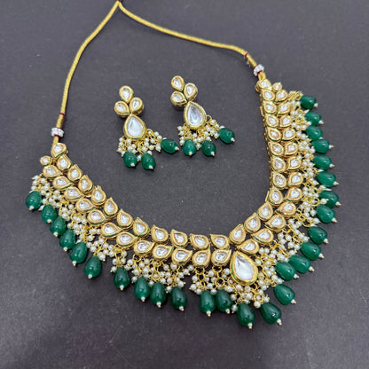 Kundan Necklace Green Drop Beads With Back side Meena work