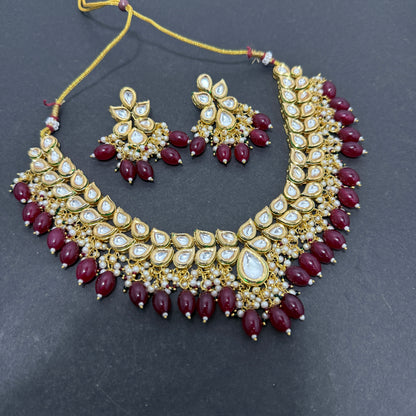 Kundan Necklace Mahroon Drop Beads With Back side Meena work