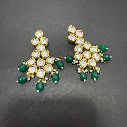Kundan V shape Necklace Green Drop Beads With Back side Meena work