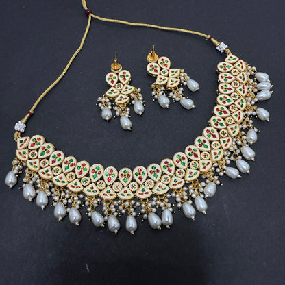 Kundan Necklace White Drop Beads With Back side Meena work