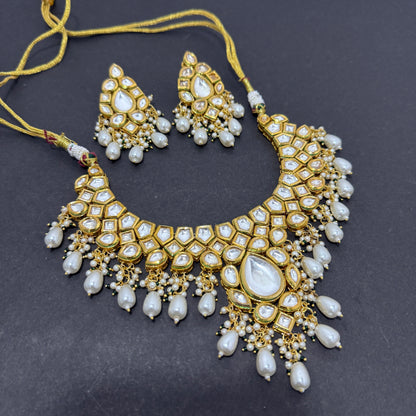 Kundan Necklace White Drop Beads With Tika With Back side Meena work