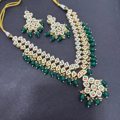Kundan V shape Necklace Green Drop Beads With Back side Meena work