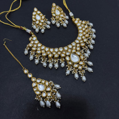 Kundan Necklace White Drop Beads With Tika With Back side Meena work
