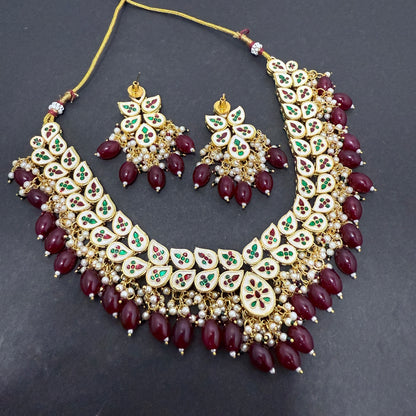 Kundan Necklace Mahroon Drop Beads With Back side Meena work
